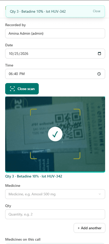 Scanning a Betadine lot label on the phone. Qty 3, lot HUV-342