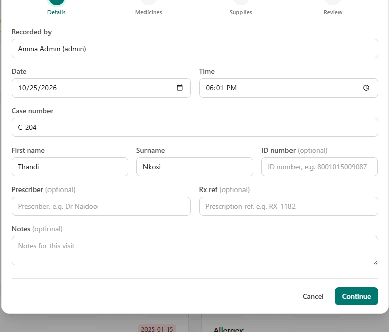 Log case usage form with case number, patient name and signature steps